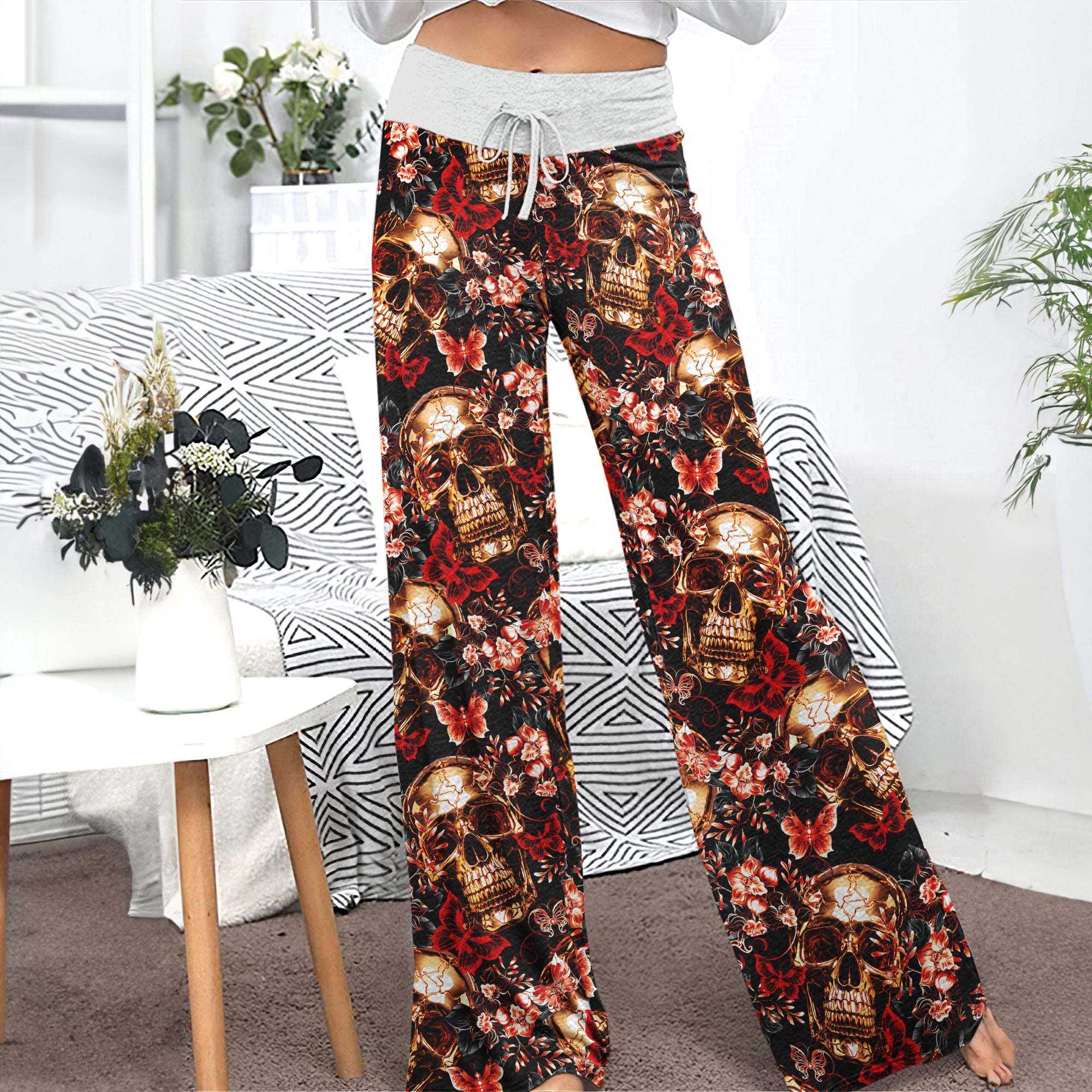 Skull Gold Abstract Art Women's High-waisted Wide Leg Pants | Wonder Skull