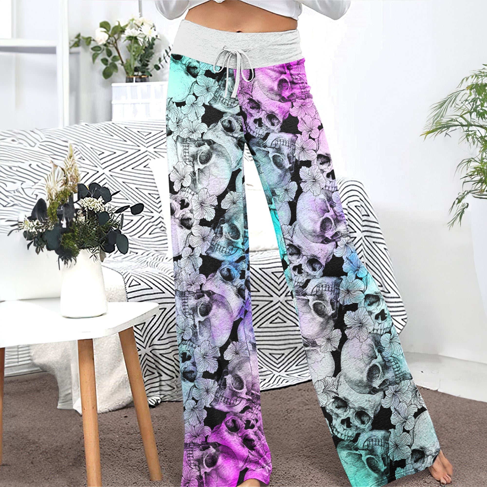 Blue Violet Gradient Skull Women's High-waisted Wide Leg Pants | Wonder Skull