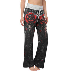 Dark Gothic Skull Rose Women's High-waisted Wide Leg Pants | Wonder Skull