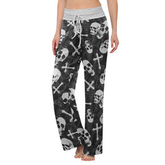 Black Skull Cross Gothic Women's High-waisted Wide Leg Pants | Wonder Skull