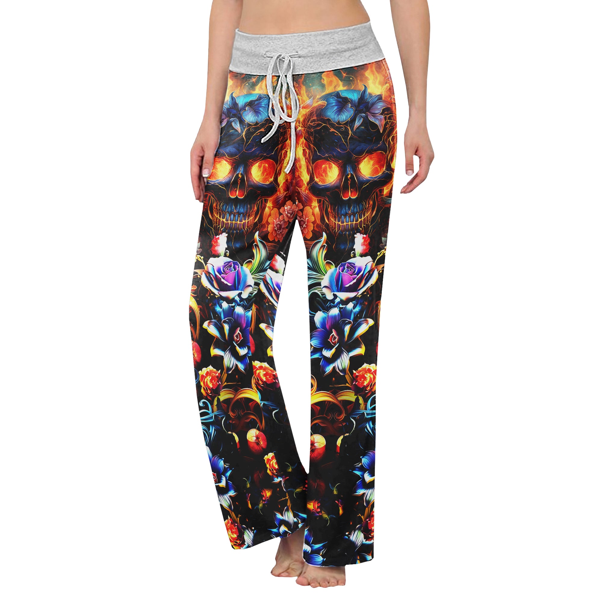 Fire Skull Floral Art Women's High-waisted Wide Leg Pants | Wonder Skull