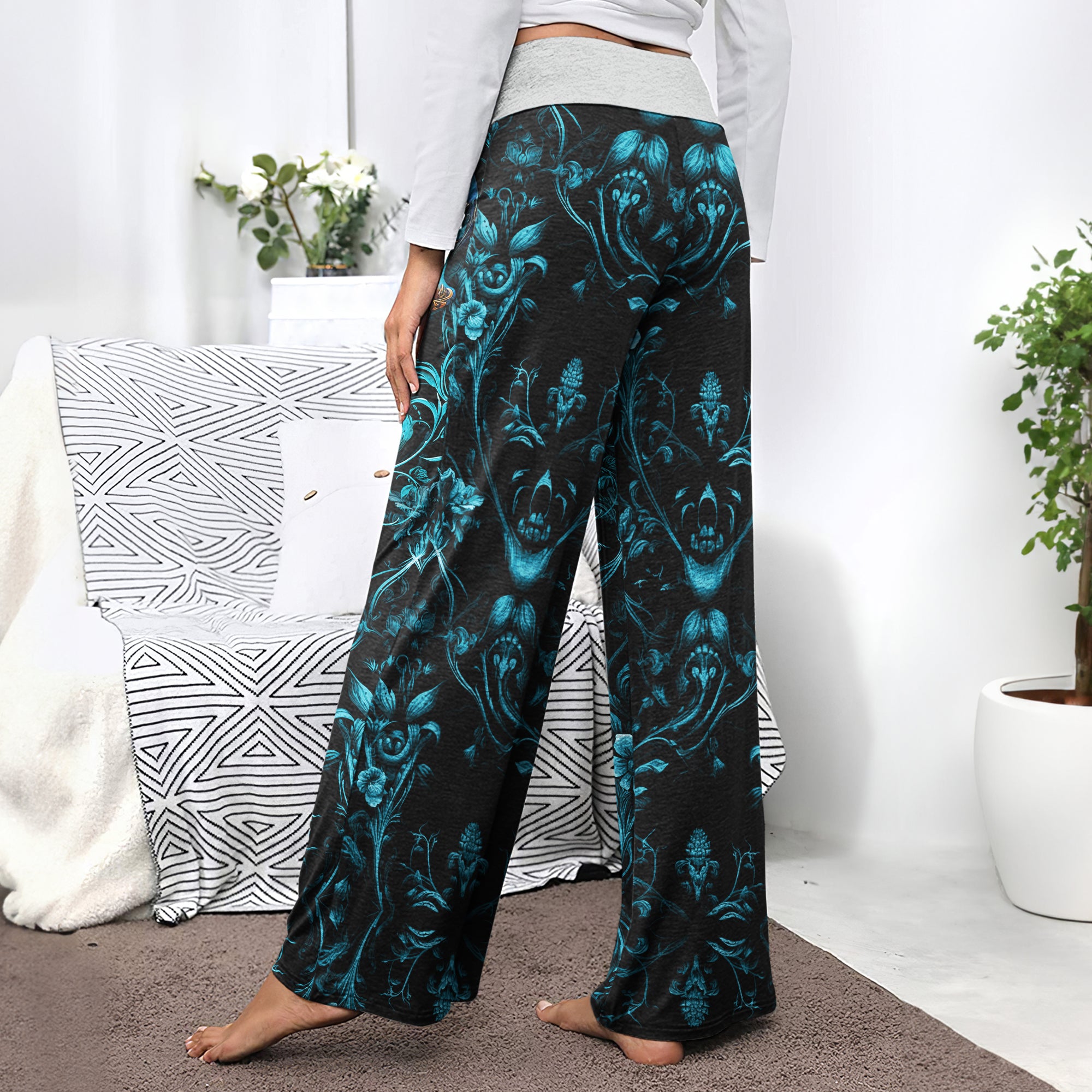 Cyan Skull Floral Gothic Women's High-waisted Wide Leg Pants | Wonder Skull