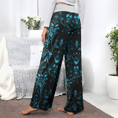 Cyan Skull Floral Gothic Women's High-waisted Wide Leg Pants | Wonder Skull
