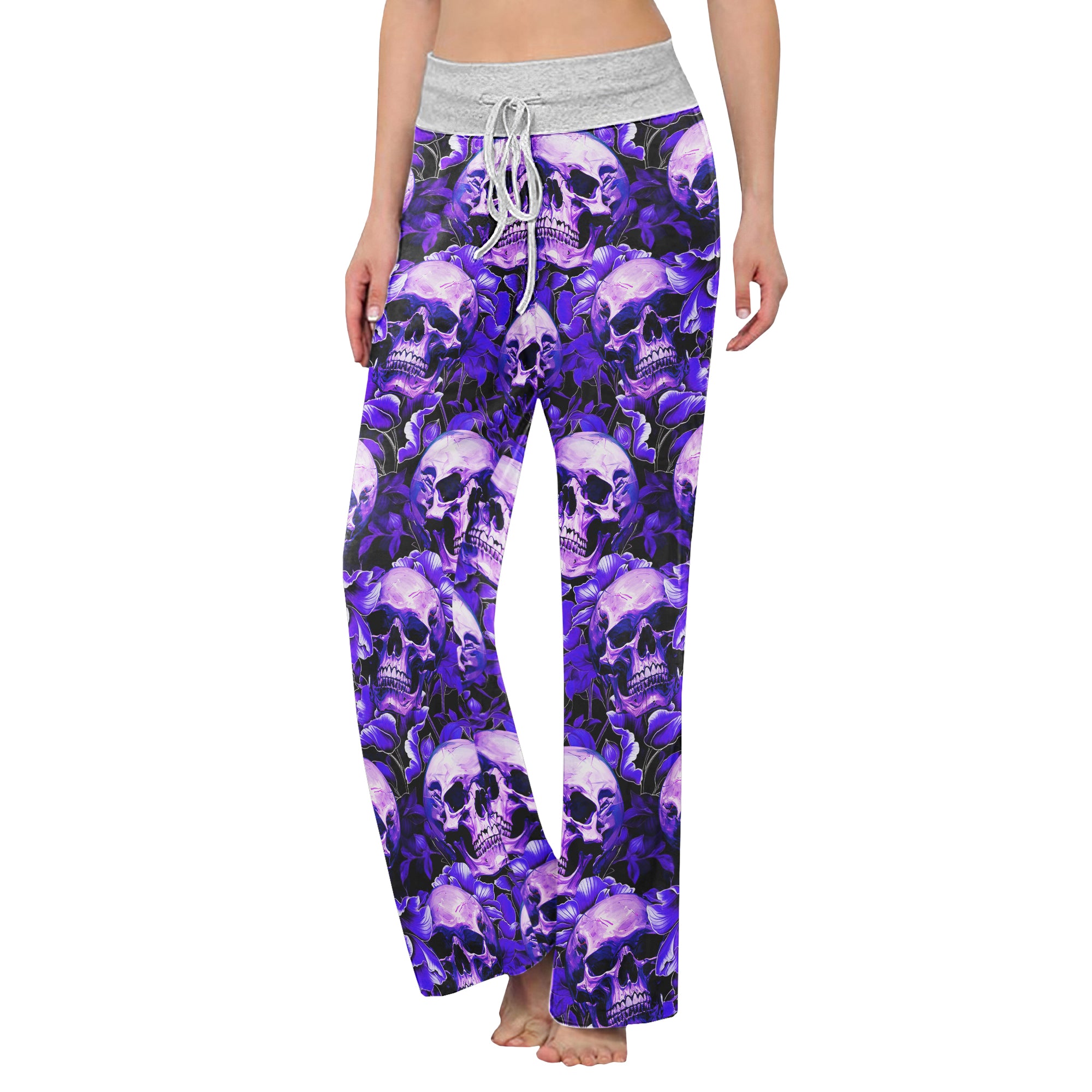 Violet Skull Flower Pattern Women's High-waisted Wide Leg Pants | Wonder Skull