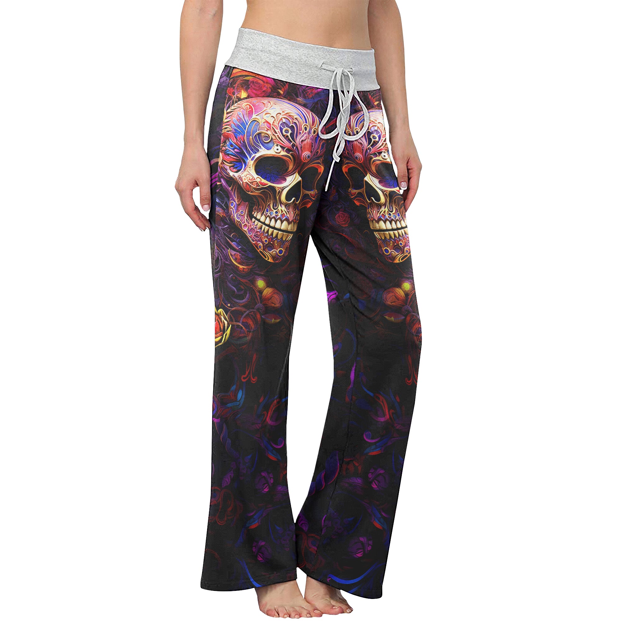 Skull Abstract Floral Art Women's High-waisted Wide Leg Pants | Wonder Skull
