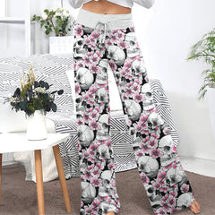 Pink Pastel Floral Skull Women's High-waisted Wide Leg Pants | Wonder Skull