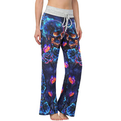 Dark Blue Effect Skull Women's High-waisted Wide Leg Pants | Wonder Skull