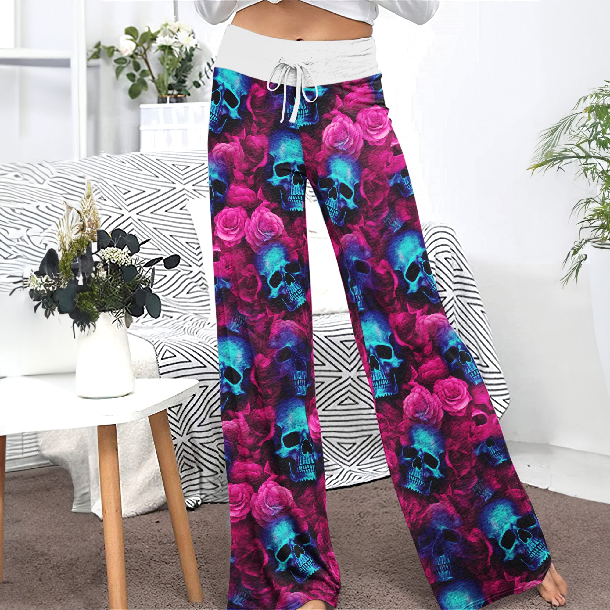 Blue Skull Rose Pink Women's High-waisted Wide Leg Pants | Wonder Skull