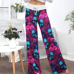Blue Skull Rose Pink Women's High-waisted Wide Leg Pants | Wonder Skull