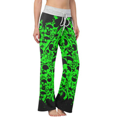 Black Green Skull Pattern Women's High-waisted Wide Leg Pants | Wonder Skull
