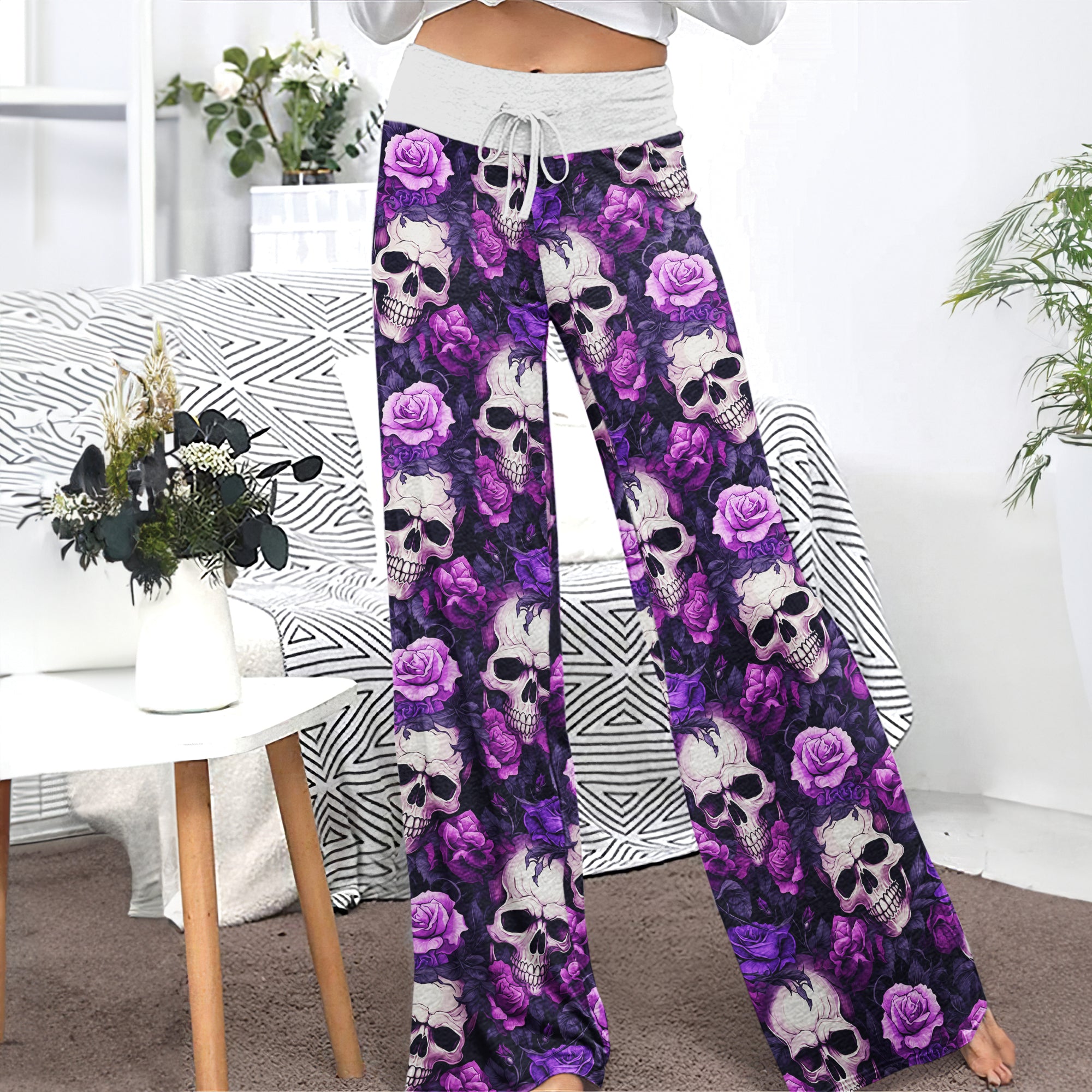 Purple Skull Floral Women's High-waisted Wide Leg Pants | Wonder Skull
