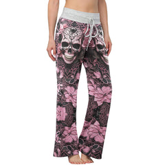 Black Pink Skull Lace Women's High-waisted Wide Leg Pants | Wonder Skull