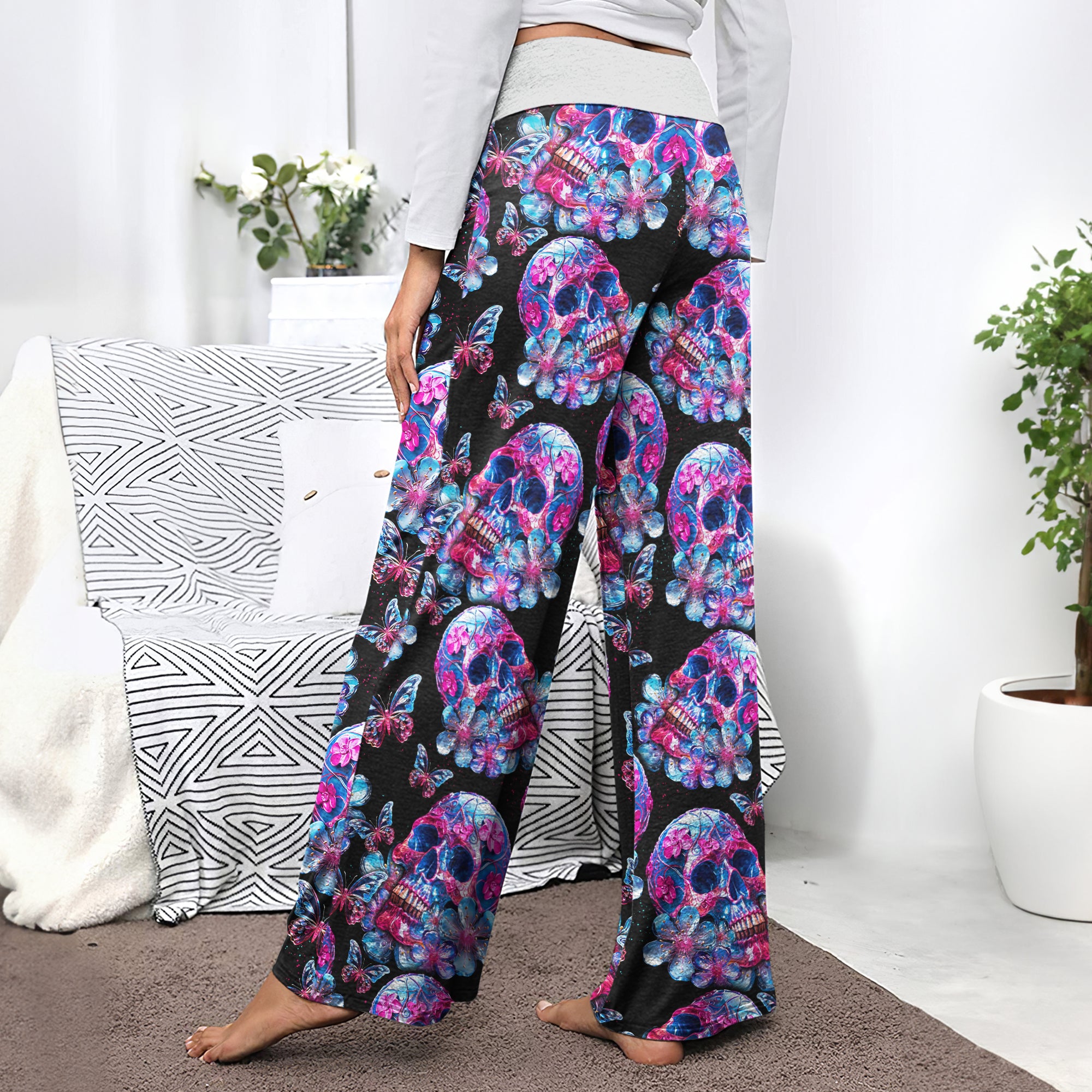 Skull Crystal Butterfly Women's High-waisted Wide Leg Pants | Wonder Skull