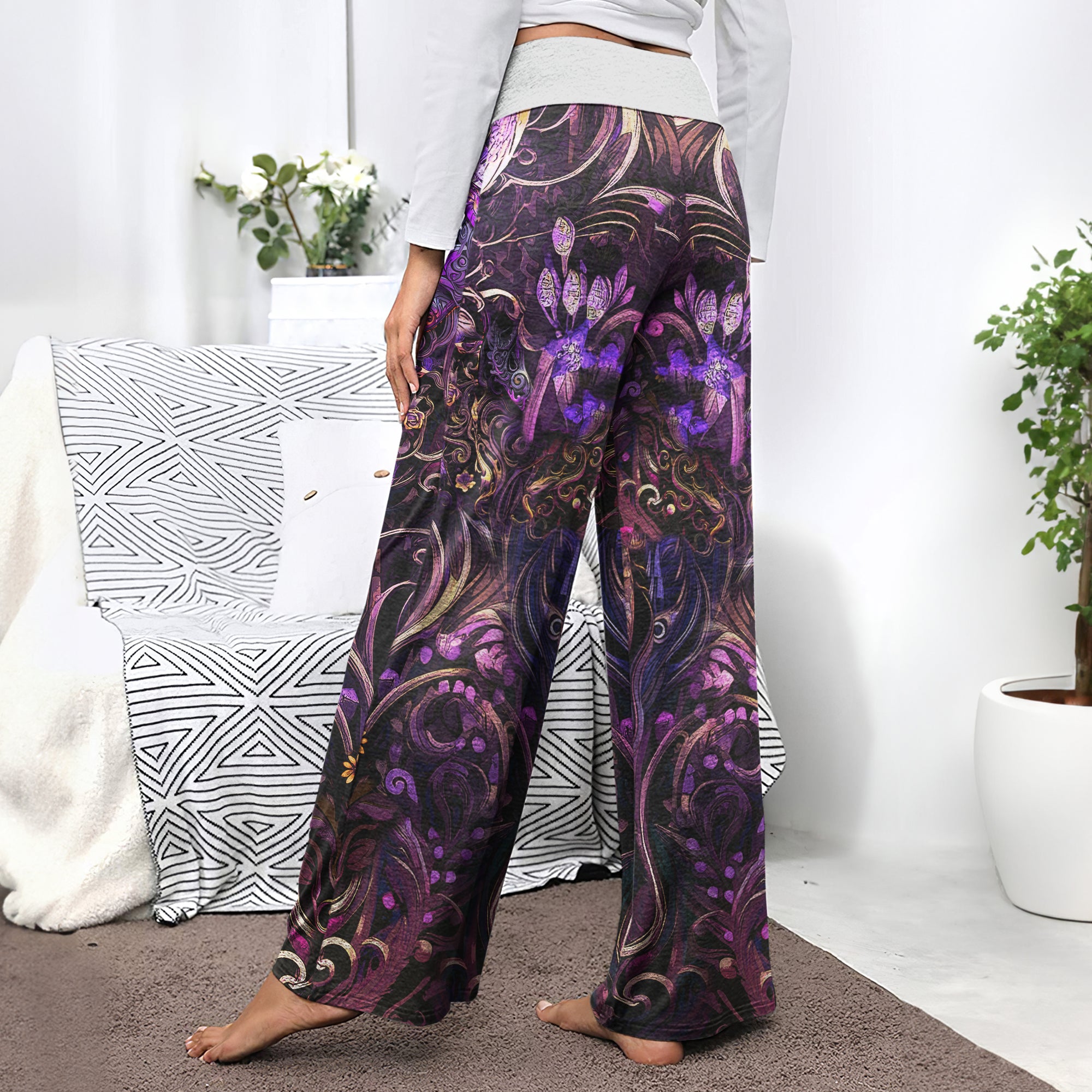 Violet Skull Floral Ornament Women's High-waisted Wide Leg Pants | Wonder Skull