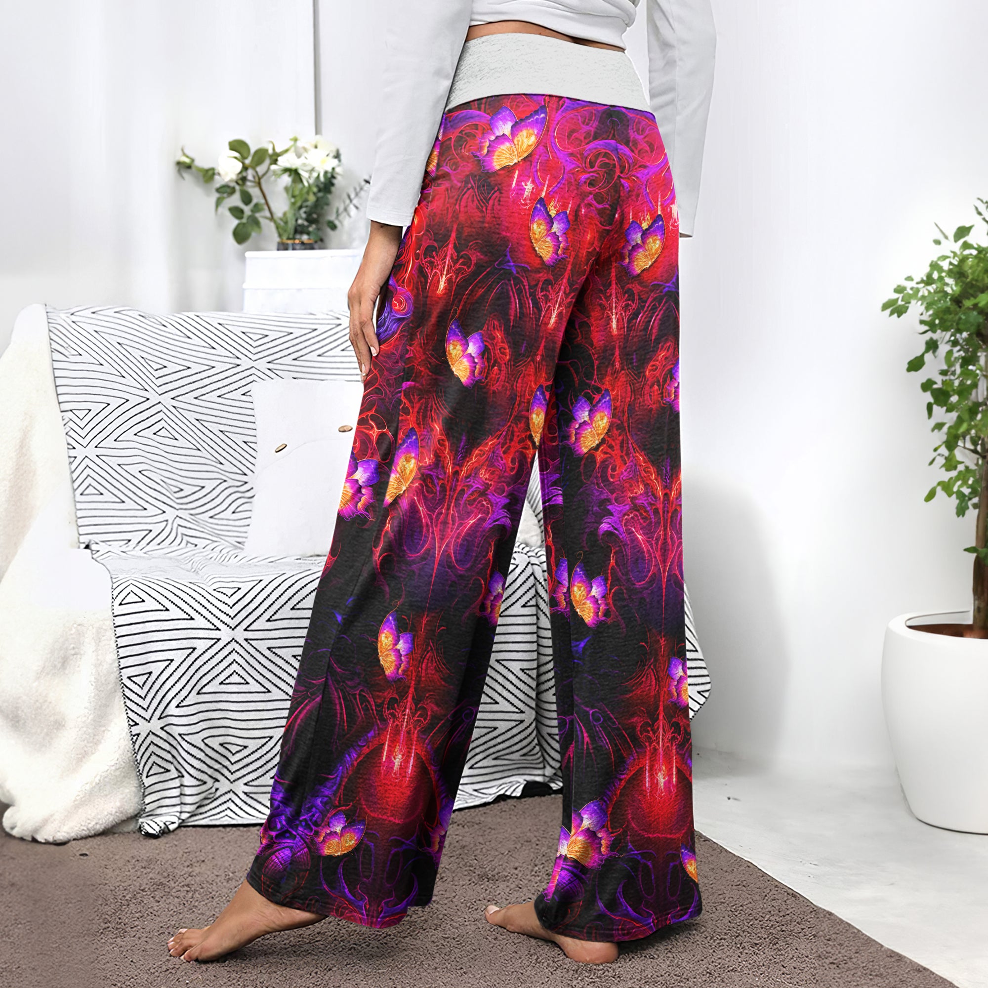 Purple Red Skull Butterfly Women's High-waisted Wide Leg Pants | Wonder Skull