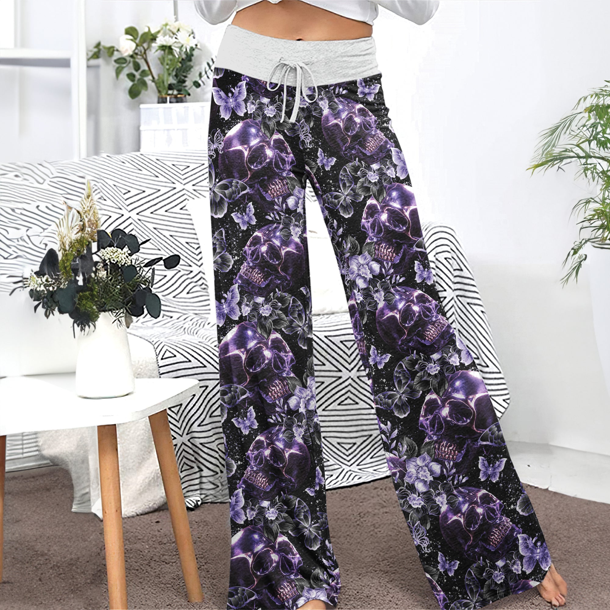 Dark Violet Skull Floral Women's High-waisted Wide Leg Pants | Wonder Skull