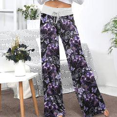 Dark Violet Skull Floral Women's High-waisted Wide Leg Pants | Wonder Skull