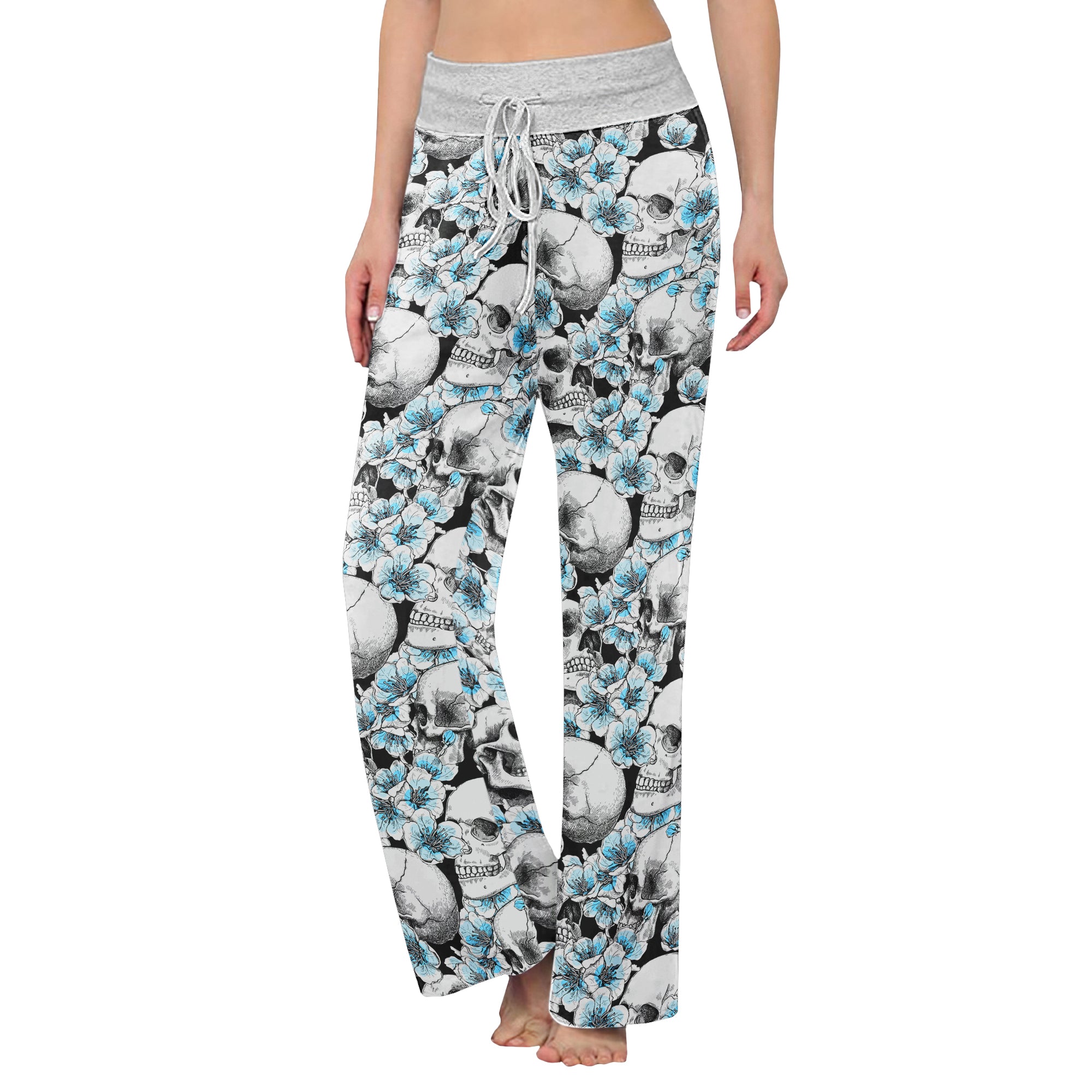 Blue Pastel Floral Skull Women's High-waisted Wide Leg Pants | Wonder Skull