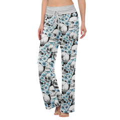 Blue Pastel Floral Skull Women's High-waisted Wide Leg Pants | Wonder Skull