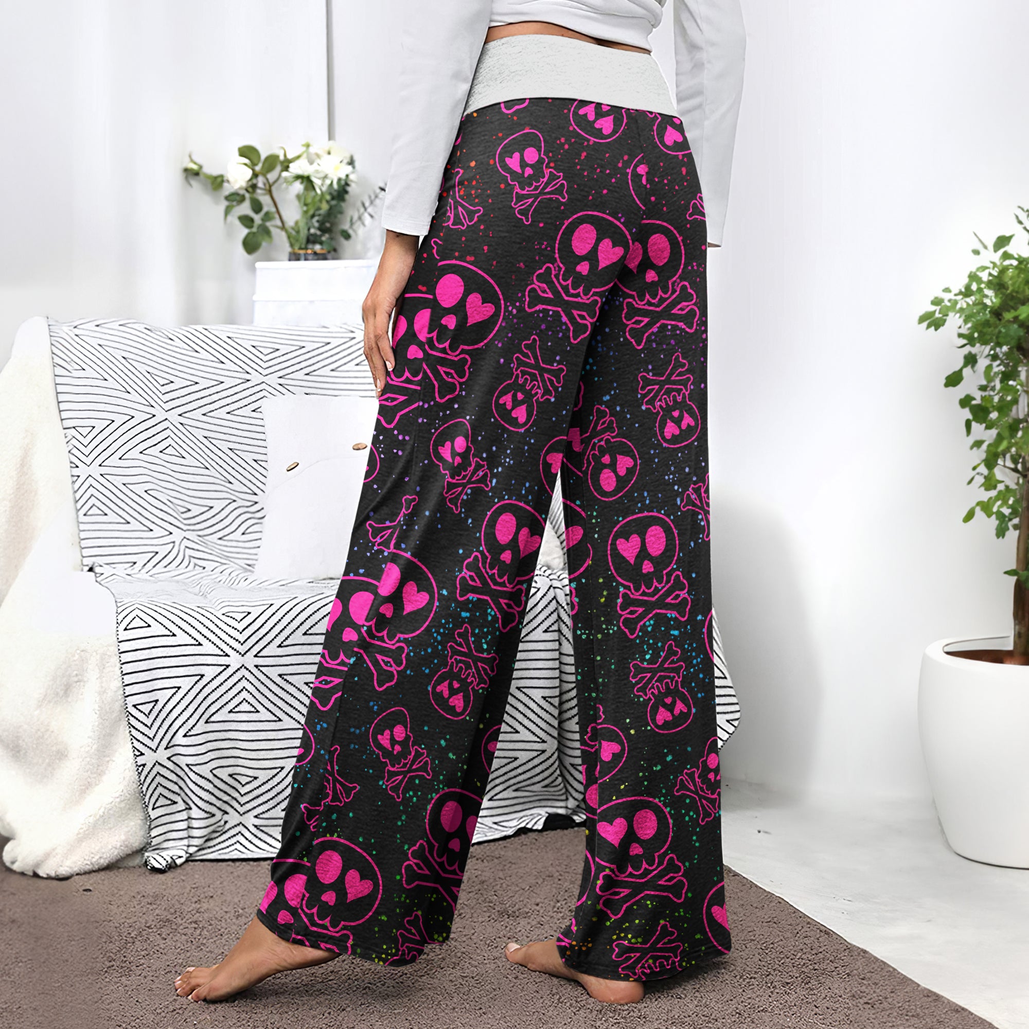Pink Skull Love Pattern Women's High-waisted Wide Leg Pants | Wonder Skull