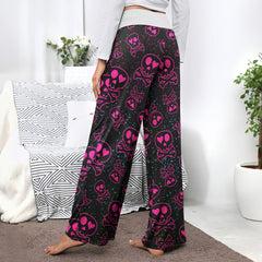 Pink Skull Love Pattern Women's High-waisted Wide Leg Pants | Wonder Skull
