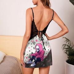 Pink Skeleton Artwork Women's Back Lace Babydolls Nightgowns