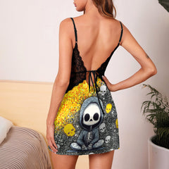 Yellow Glitter Skeleton Art Women's Back Lace Babydolls Nightgowns