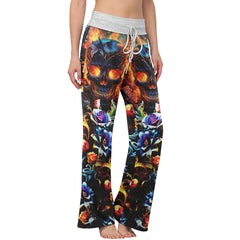 Fire Skull Floral Art Women's High-waisted Wide Leg Pants | Wonder Skull