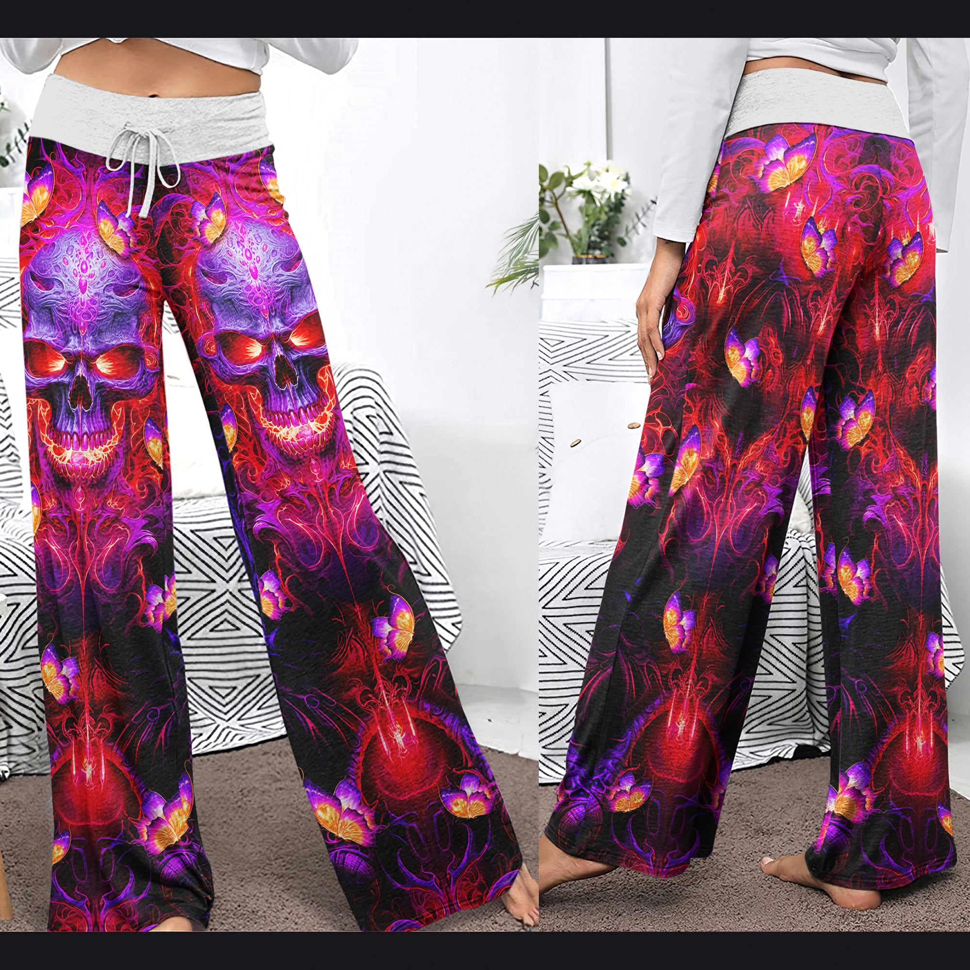 Purple Red Skull Butterfly Women's High-waisted Wide Leg Pants | Wonder Skull