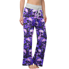 Violet Skull Flower Pattern Women's High-waisted Wide Leg Pants | Wonder Skull