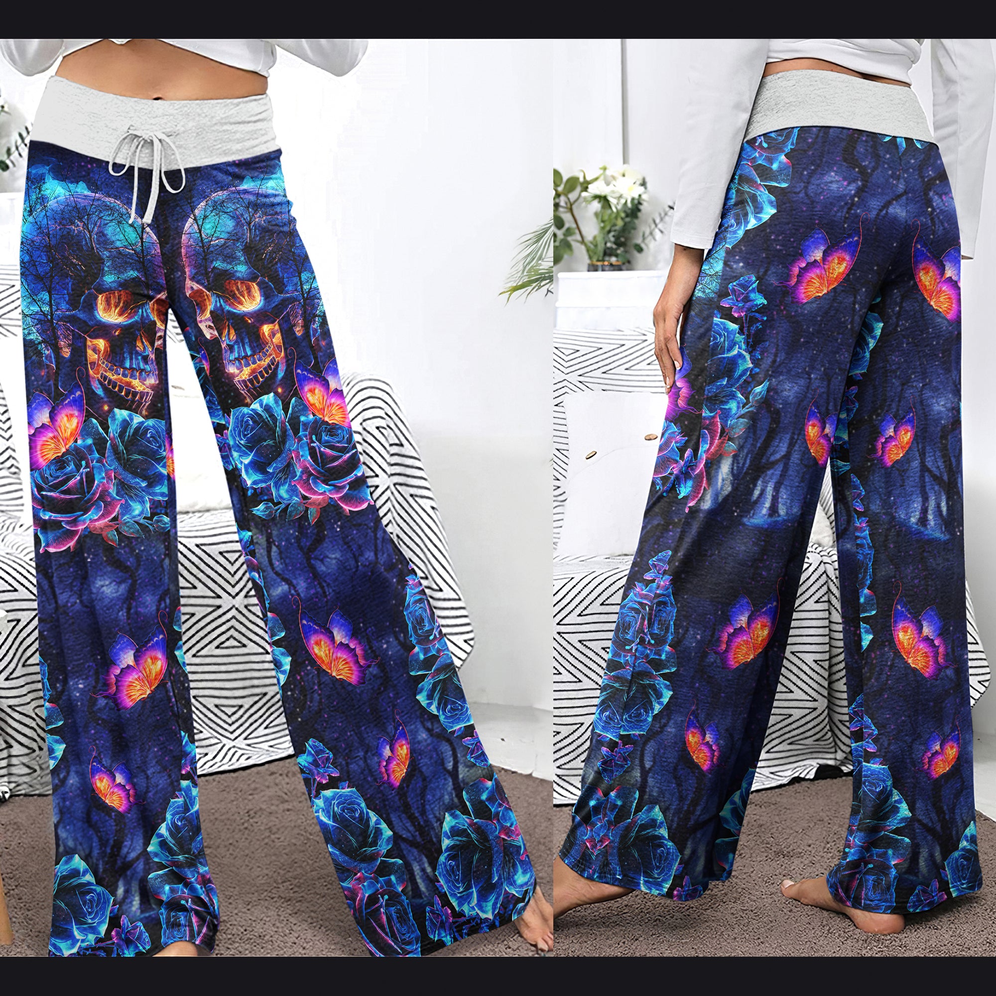 Dark Blue Effect Skull Women's High-waisted Wide Leg Pants | Wonder Skull