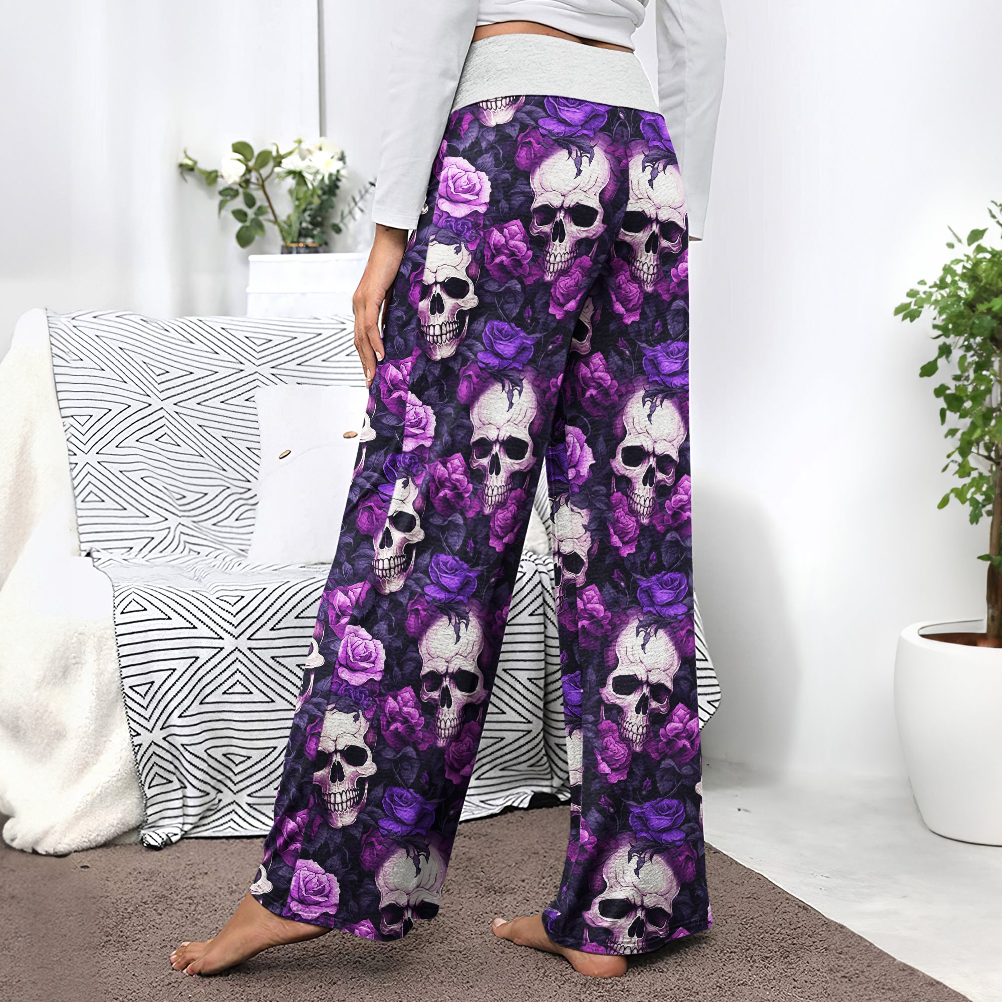 Purple Skull Floral Women's High-waisted Wide Leg Pants | Wonder Skull
