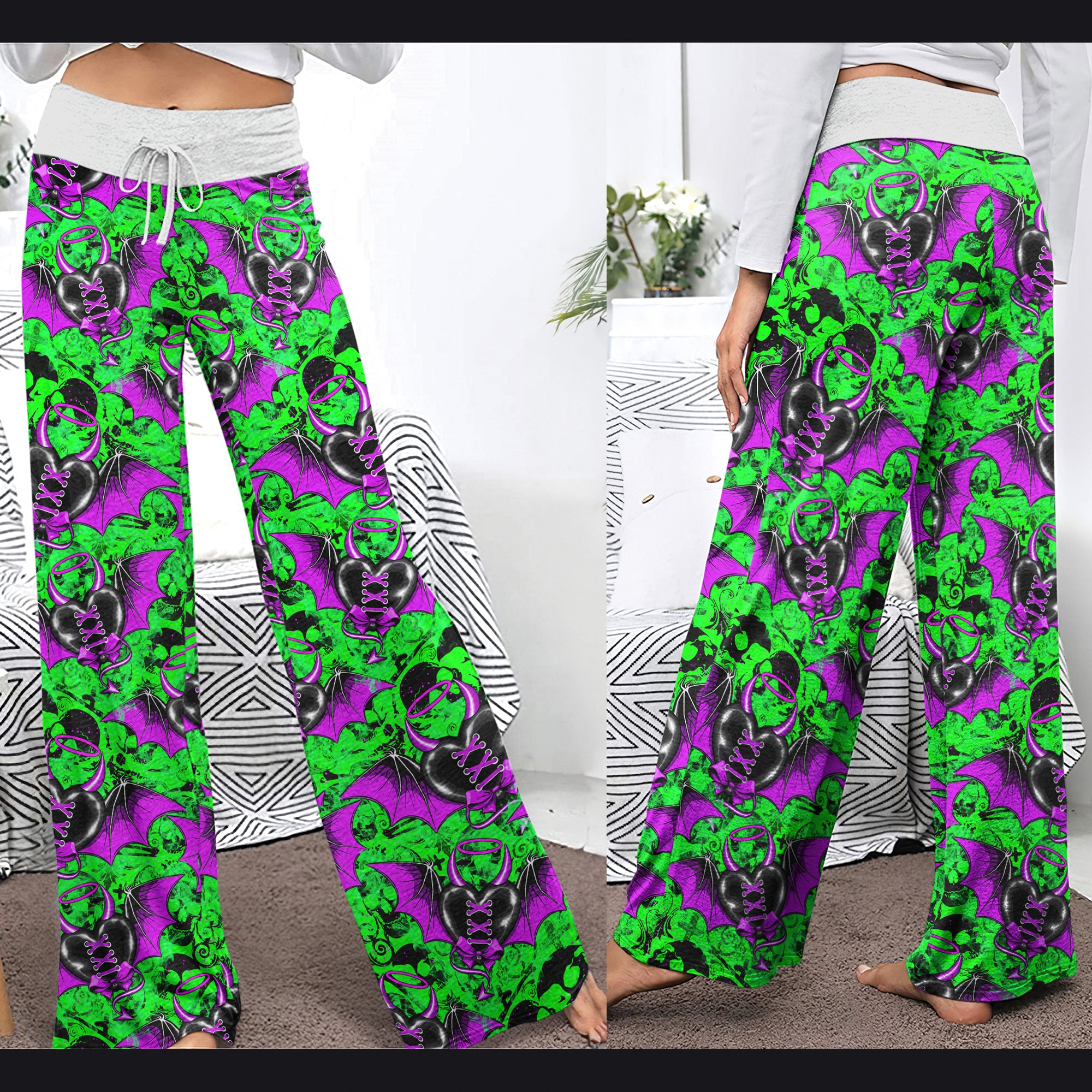 Green Skull Demon Heart Women's High-waisted Wide Leg Pants | Wonder Skull