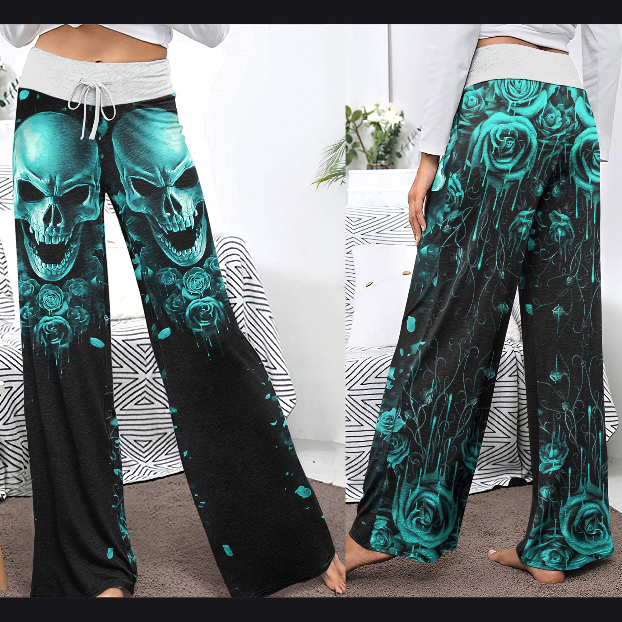 Cyan Skull Abstract Rose Women's High-waisted Wide Leg Pants | Wonder Skull