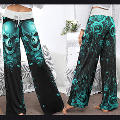Cyan Skull Abstract Rose Women's High-waisted Wide Leg Pants | Wonder Skull