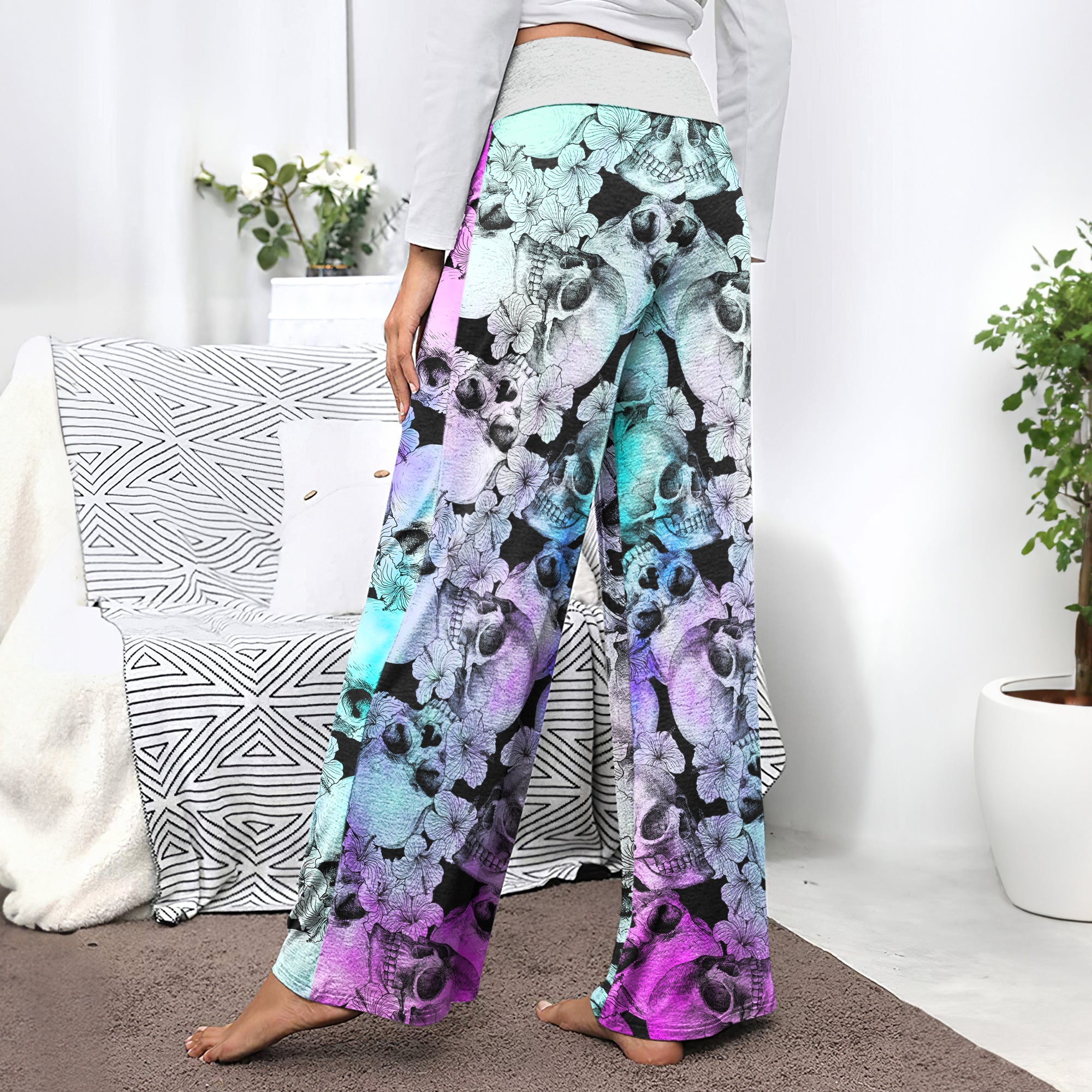 Blue Violet Gradient Skull Women's High-waisted Wide Leg Pants | Wonder Skull