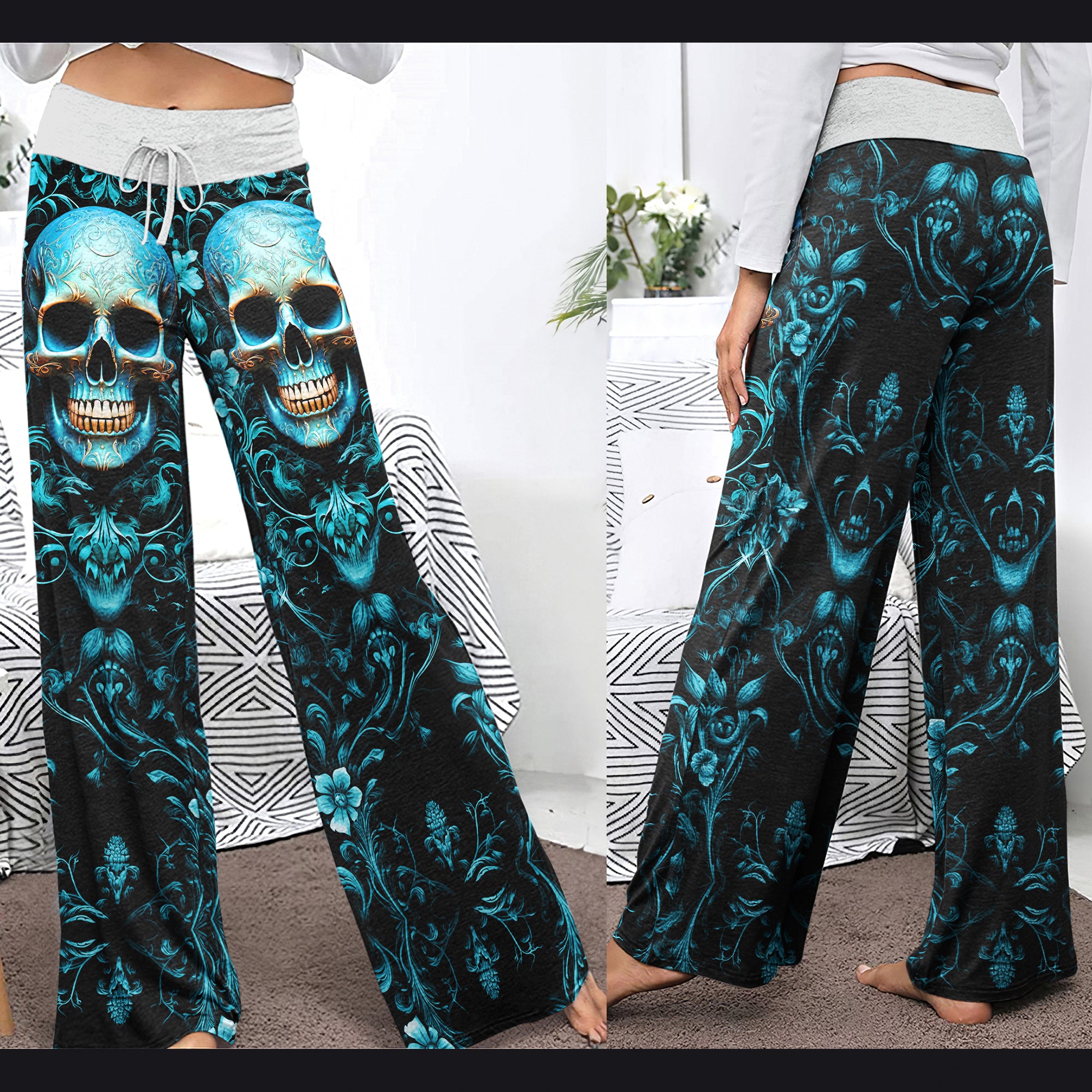 Cyan Skull Floral Gothic Women's High-waisted Wide Leg Pants | Wonder Skull