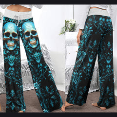 Cyan Skull Floral Gothic Women's High-waisted Wide Leg Pants | Wonder Skull