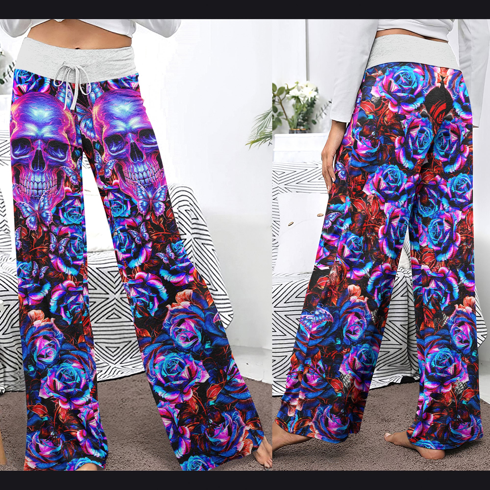 Skull Rose Art Women's High-waisted Wide Leg Pants | Wonder Skull