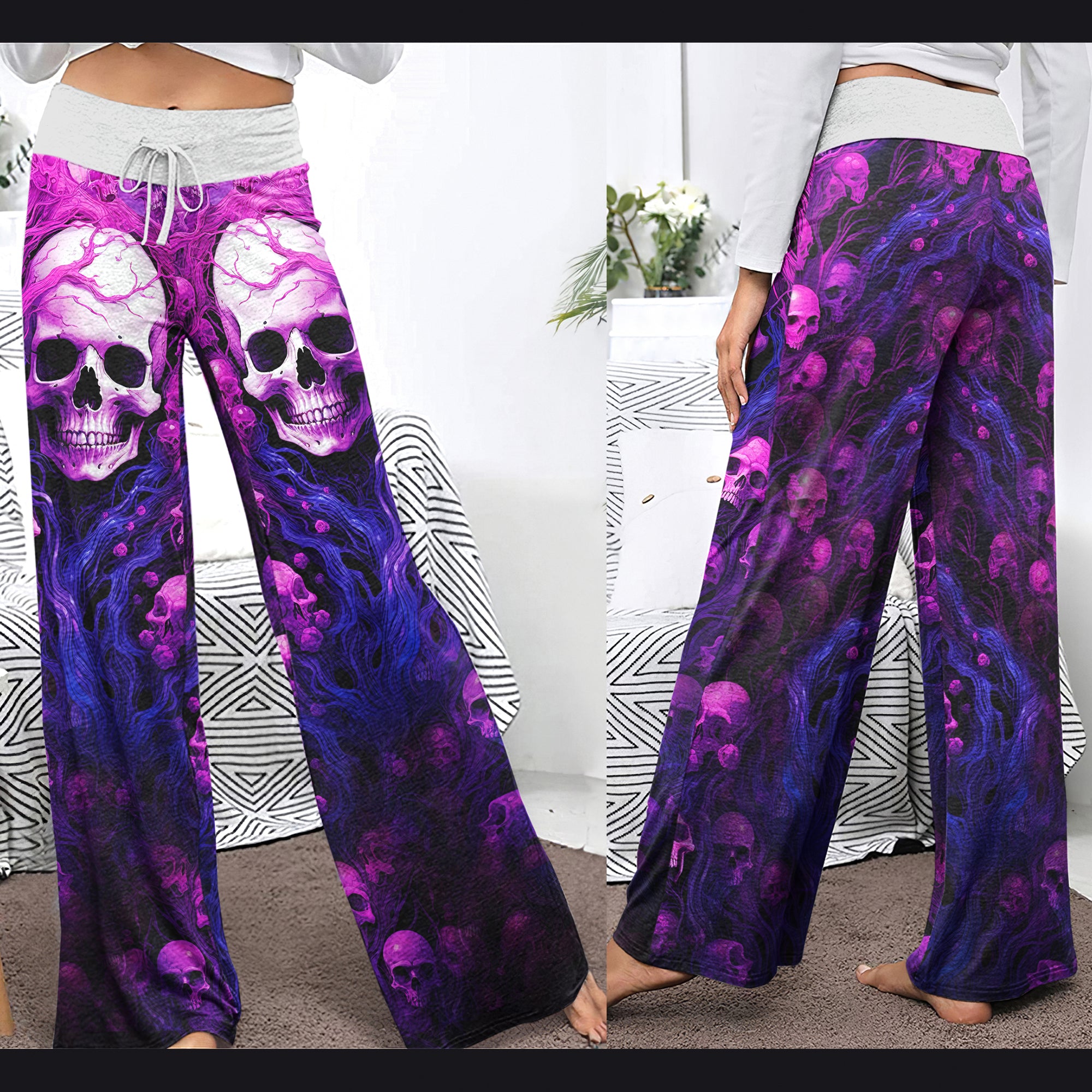 Violet Skull Root Art Women's High-waisted Wide Leg Pants | Wonder Skull