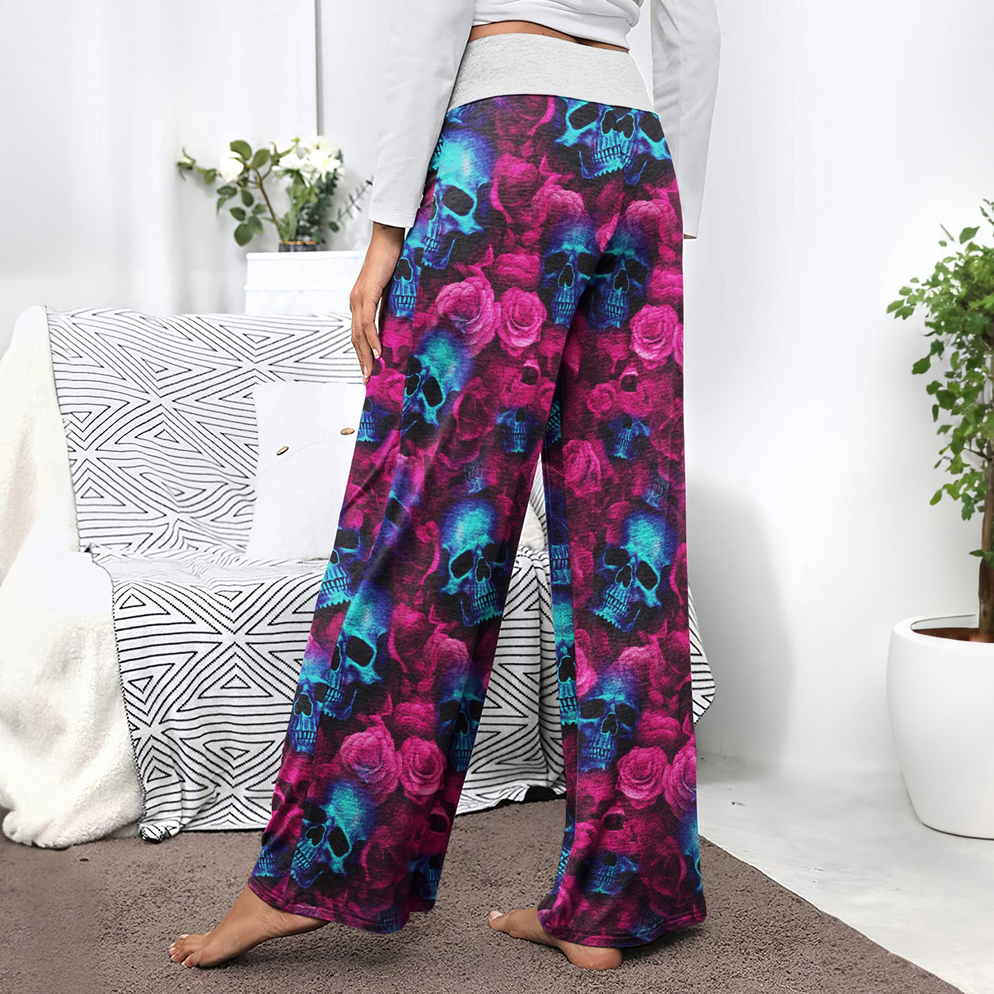 Blue Skull Rose Pink Women's High-waisted Wide Leg Pants | Wonder Skull