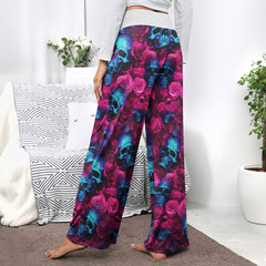Blue Skull Rose Pink Women's High-waisted Wide Leg Pants | Wonder Skull