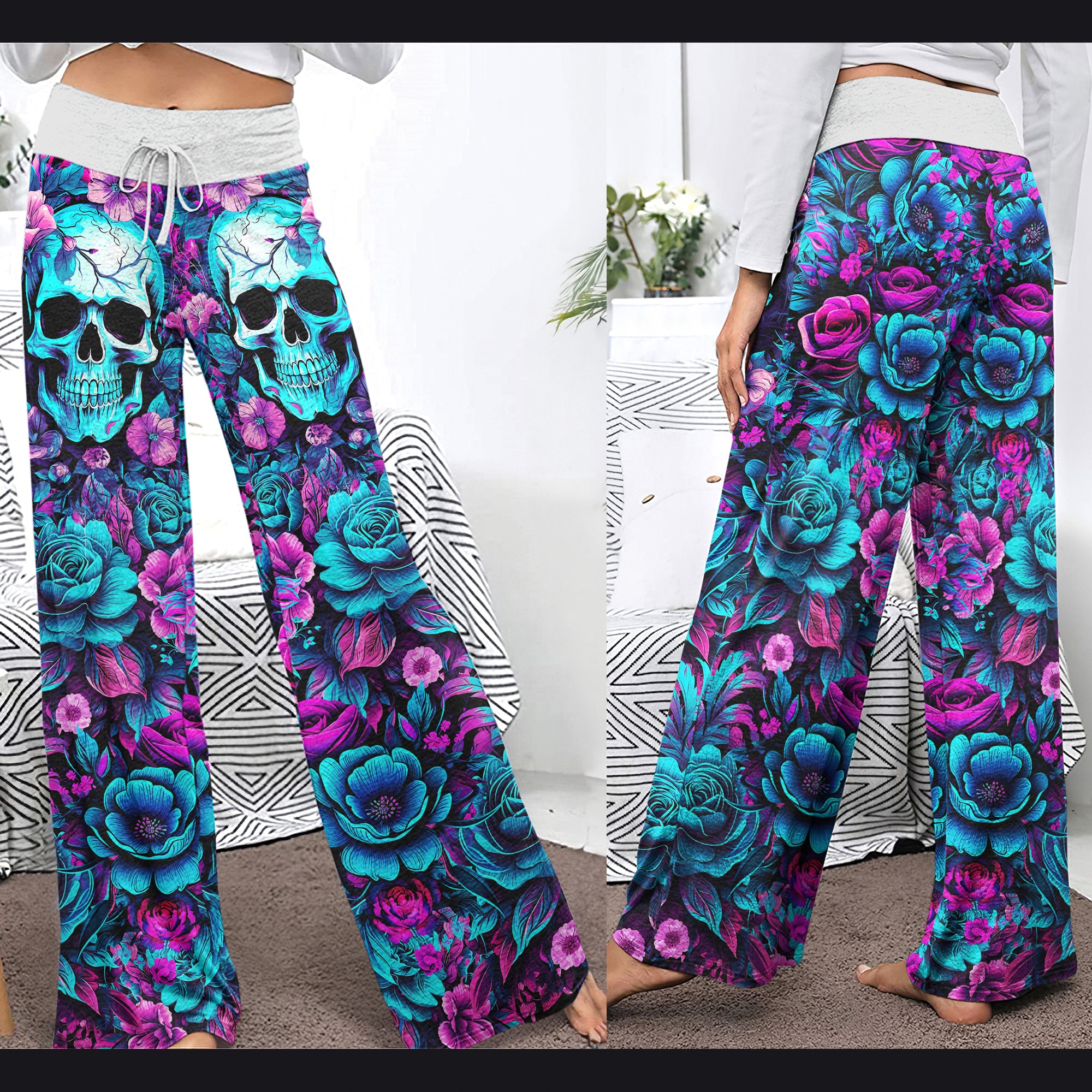 Pink Cyan Skull Floral Women's High-waisted Wide Leg Pants | Wonder Skull