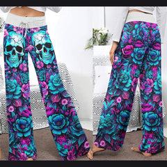Pink Cyan Skull Floral Women's High-waisted Wide Leg Pants | Wonder Skull