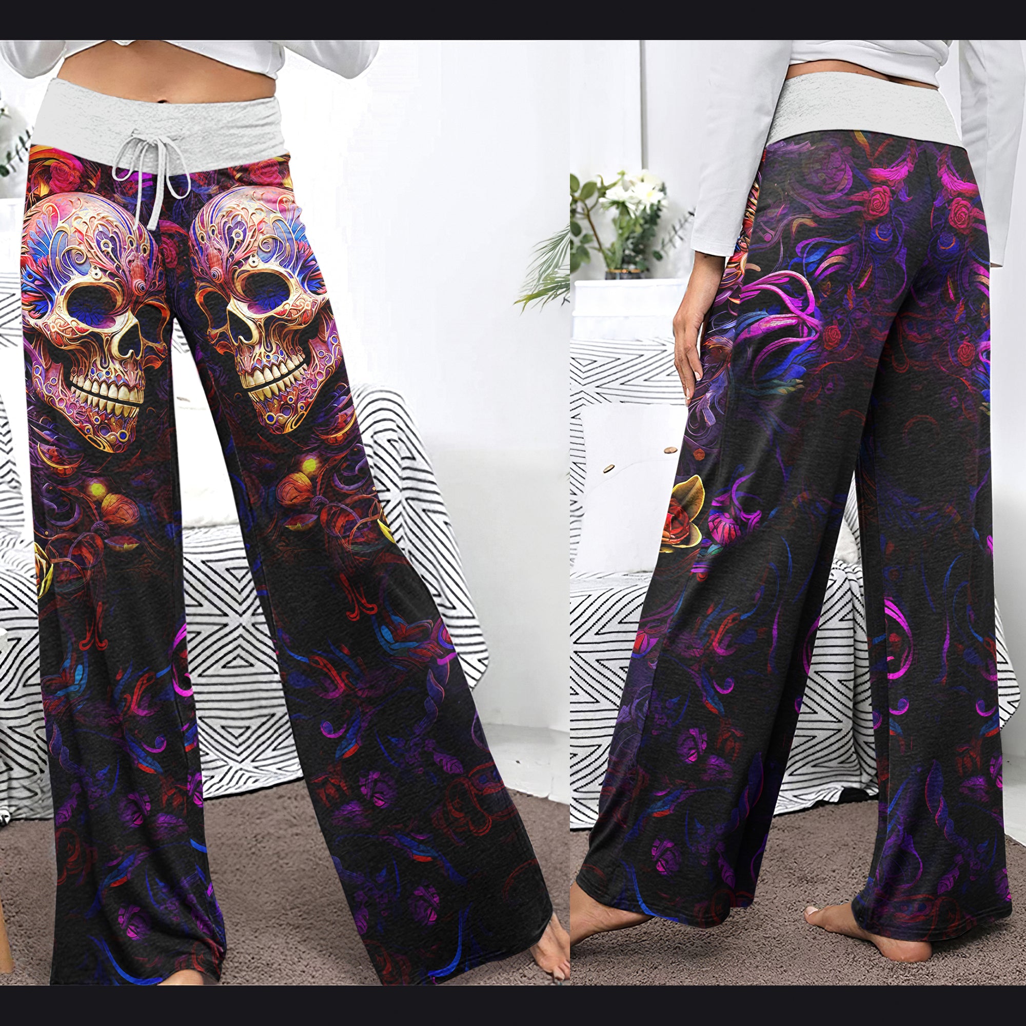 Skull Abstract Floral Art Women's High-waisted Wide Leg Pants | Wonder Skull