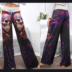 Skull Abstract Floral Art Women's High-waisted Wide Leg Pants | Wonder Skull