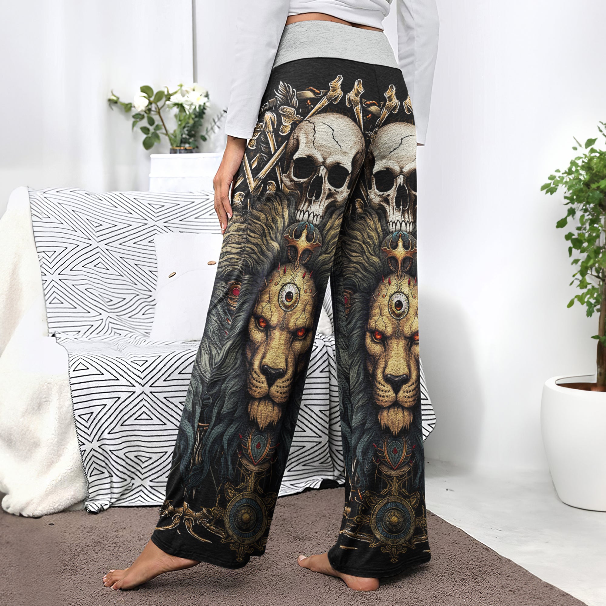 Skull King Lion Art Women's High-waisted Wide Leg Pants | Wonder Skull