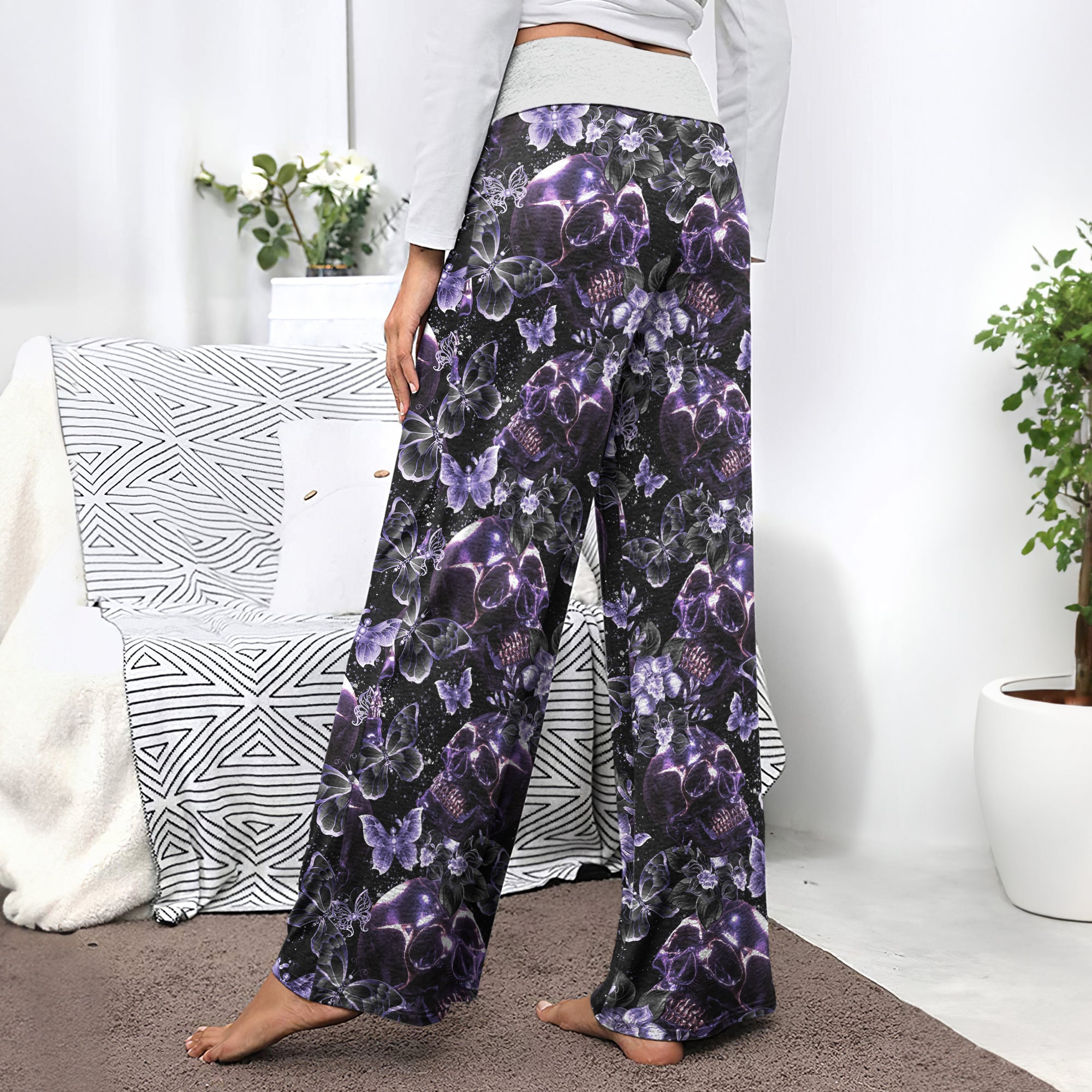 Dark Violet Skull Floral Women's High-waisted Wide Leg Pants | Wonder Skull