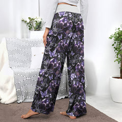 Dark Violet Skull Floral Women's High-waisted Wide Leg Pants | Wonder Skull