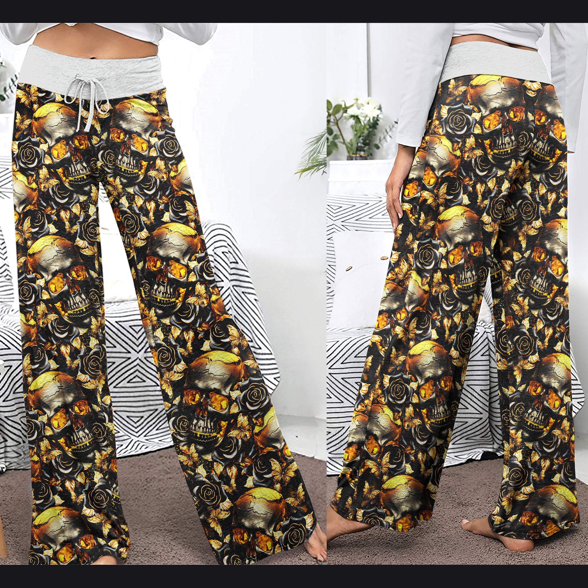 Gold Skull Silver Rose Women's High-waisted Wide Leg Pants | Wonder Skull